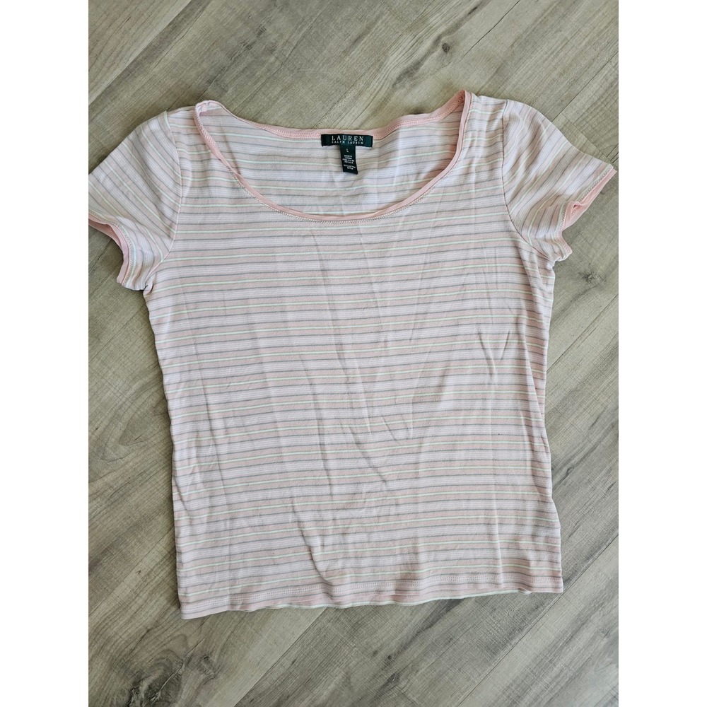 Lauren Ralph Lauren Pink Striped Cotton Scoop Neck Short Sleeve Tee Shirt Large
